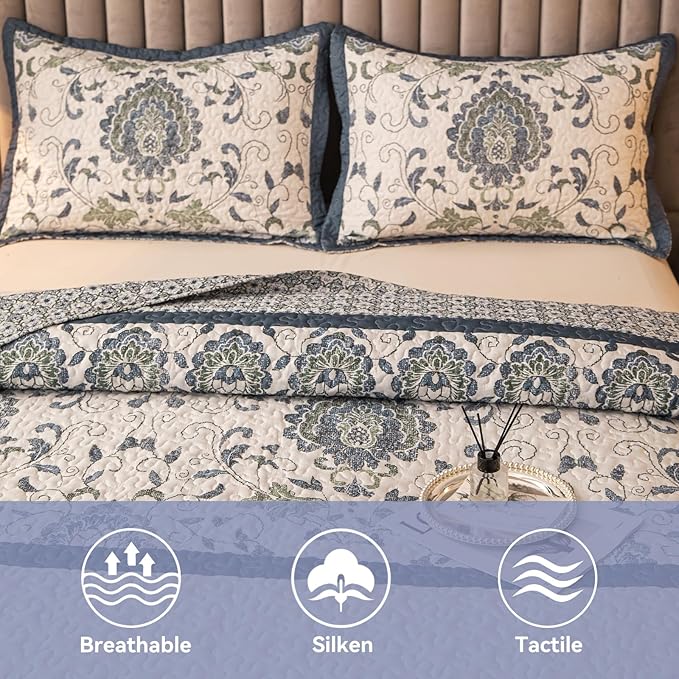 Bohemian Queen Size Quilt Comforter Sets 3 Pieces Quilts (1 Quilt, 2 Pillow Shams) Nordic Bedding Set Printed Coverlet with Pillowcase Lightweight Bedspread Set for All Seasons(Dark Blue)