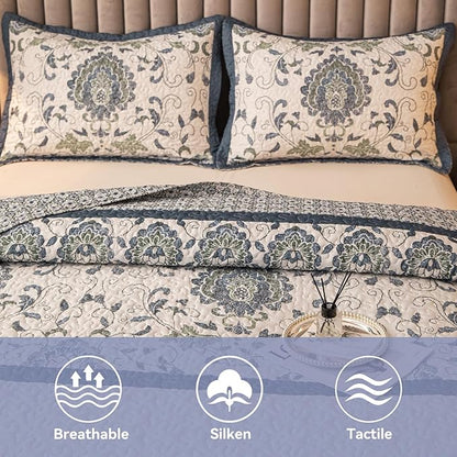 Bohemian Queen Size Quilt Comforter Sets 3 Pieces Quilts (1 Quilt, 2 Pillow Shams) Nordic Bedding Set Printed Coverlet with Pillowcase Lightweight Bedspread Set for All Seasons(Dark Blue)