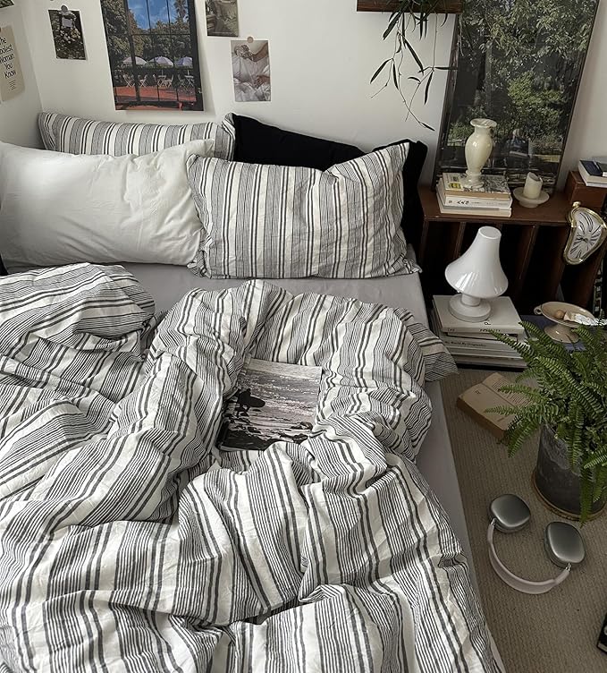 VM VOUGEMARKET Pinstripes Comforter Set Queen Washed Cotton Vertical Striped Neutral Bedding Set 1 Comforter and 2 Pillowcase (Grey White)