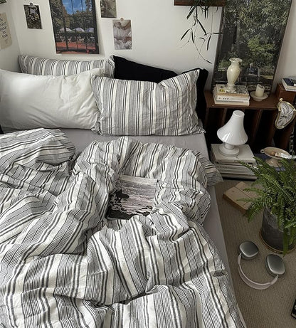 VM VOUGEMARKET Pinstripes Comforter Set Queen Washed Cotton Vertical Striped Neutral Bedding Set 1 Comforter and 2 Pillowcase (Grey White)