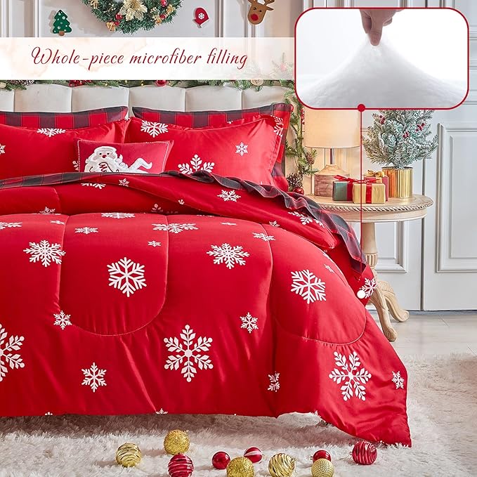 Tititada Christmas Bed in a Bag 6 Pcs Twin Size, White Snowflake on Red Holiday Bedding Comforter Set Warm for Winter(1 Comforter, 1 Flat Sheet, 1 Fitted Sheet, 2 Pillow Shams, 1 Pillowcase)