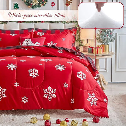 Tititada Christmas Bed in a Bag 6 Pcs Twin Size, White Snowflake on Red Holiday Bedding Comforter Set Warm for Winter(1 Comforter, 1 Flat Sheet, 1 Fitted Sheet, 2 Pillow Shams, 1 Pillowcase)