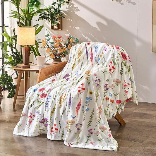 Floral Throw Blanket Birthday Gift for Women Mom Girls Colorful Flowers Blanket Summer Wildflower Flannel Blanket Watercolor Printed Throw for Couch Sofa Bed Chair 50"x60"