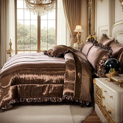 Silky Comforter Set with Sheet Set Queen 8 Pcs Borwn Bed in a Bag Dark Coffee Bedding Set Silk Like Satin Ruffle Home Deocr Sexy Hotel Silky Bed Set with 1 Cushion Cover