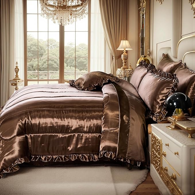 Satin Comforter Set with Sheet Set King 8 Pcs Borwn Bed in a Bag Dark Coffee Bedding Set Silk Like Satin Ruffle Home Deocr Sexy Hotel Silky Bed Set with 1 Cushion Cover