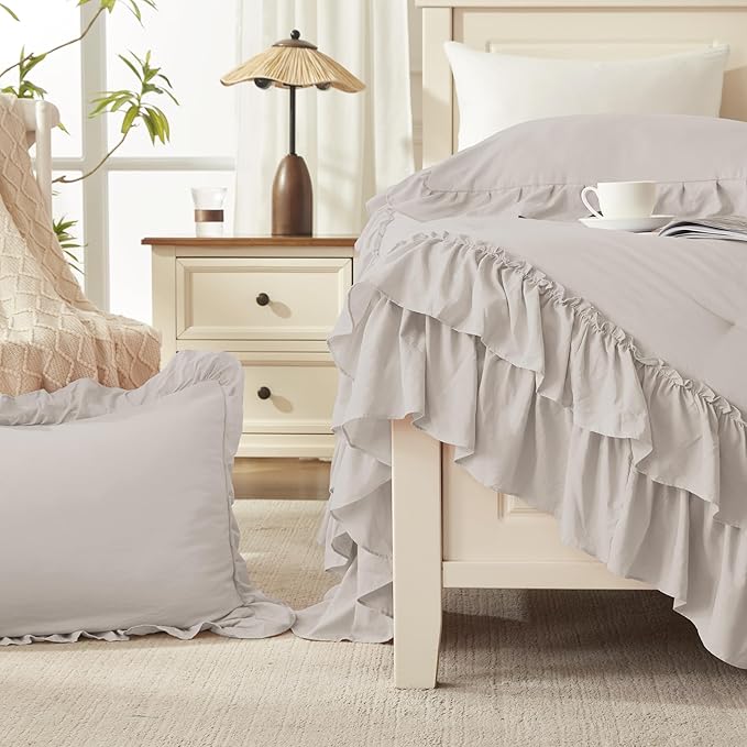 Andency Linen Twin Size Comforter Set, 2 Pieces Lightweight Fluffy Ruffle Bedding Set for Dorm, All Season Soft Farmhouse Shabby Chic Bed Set for Kids, College Dorm (66x90In)