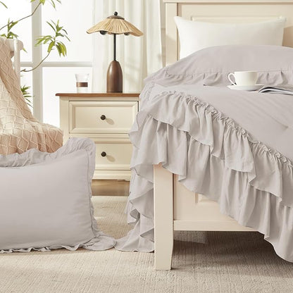Andency Linen Queen Comforter Set (90x90Inch), 3 Pieces Lightweight Fluffy Ruffle Bedding Sets for Queen Bed, Farmhouse Shabby Chic Soft All Season Bed Set