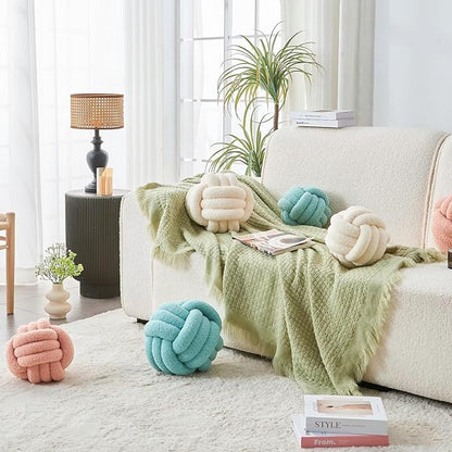 Decorative Throw Knot Pillow Ball for Home Chair Sofa Couch Bed Aesthetic Round Decor Pillows Lambswool Knotted Pillow Cushion (Ivory White, 8inches)