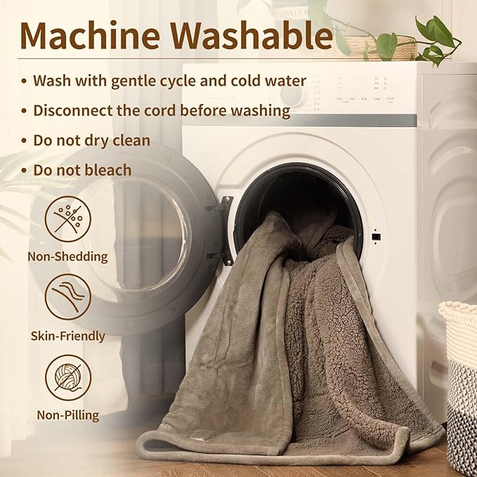 Bearhug Electric Blanket Queen Size 84" x 90", Dual Controllers Heated Blanket, Velvet & Sherpa, 10-Heating Level & 1-12H Auto Off, Taupe, Over-Heat Protect, ETL, Machine Washable
