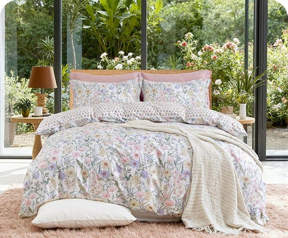 SLEEPBELLA Queen Size Comforter Set Yellow & Pink & Blue Flowers Botanical Pattern Printed on White 100% Cotton Fabric, Ultra Soft Microfiber Inner Fill 3Pcs Bedding Set