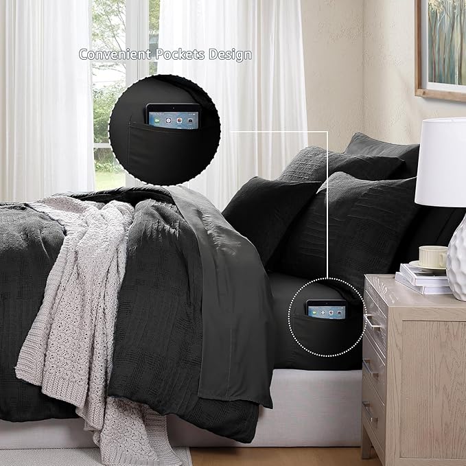 MaiRêve King Comforter Set Black, Textured Design Crinkle Bedding Sets 7 Pieces, All Season Bed in A Bag with Comforter, Sheets, Pillowcases & Shams