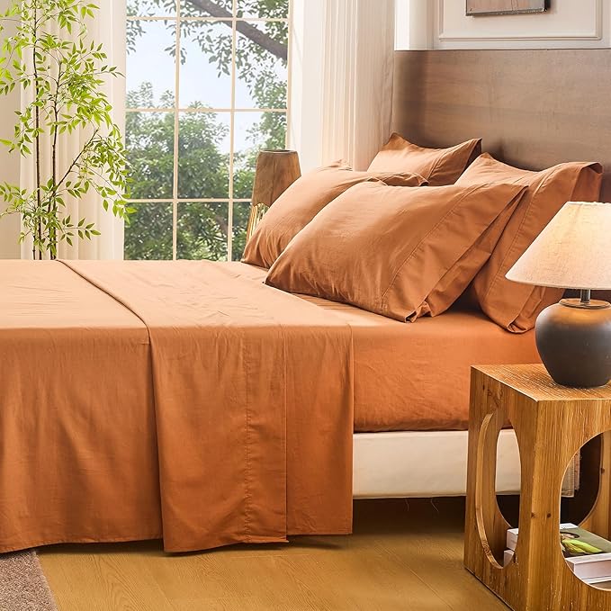 Bedlifes 100% French Flax Linen Sheets Set Queen Size - 6 Piece Extra Deep Pocket 18-24",Soft Breathable Queen Bed Sheets with Temperature Regulating & Moisture-Wicking(Brown