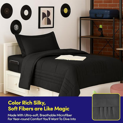 Twin XL Comforter Set College Dorm Bedding Bundle (Twin XL) – Dorm Upgrade with Comforter, Mattress Protector, Sheet Set & Pillow Sham — Stylish Quilted Stripe for Students & Shared Rooms, Black