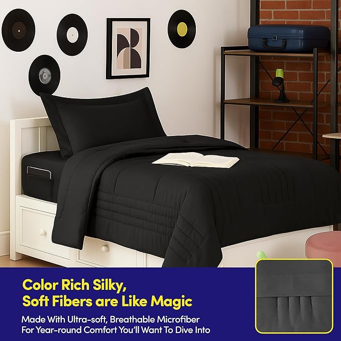 Twin Size Comforter Set Quilted Stripe Bedding Bundle – Stylish Set with Comforter, Mattress Protector, Sheet Set & Pillow Shams — Sophisticated Striped Design for Home & Guest Rooms, Black