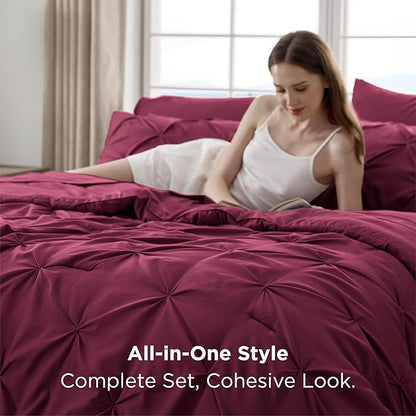 Bedsure Twin Comforter Set Burgundy - Bed in a Bag Twin Size Bedding 5 Pieces, GentleSoft™ Pintuck Bed Set Gift for Family, Pinch Pleat Burgundy Comforter with Sheets, Pillowcase & Sham