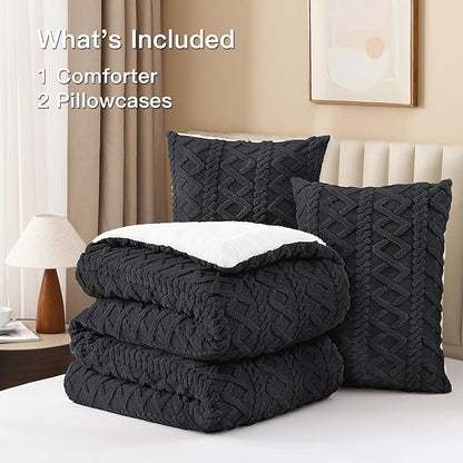 Andency Fluffy Comforter Set Full Size, Black Sherpa Fleece Super Soft Warm Bedding for Winter, Luxury Boho Jacquard Thick Fuzzy Plush Bed Set 3 Pieces(1 Shaggy Comforter, 2 Pillowcases)