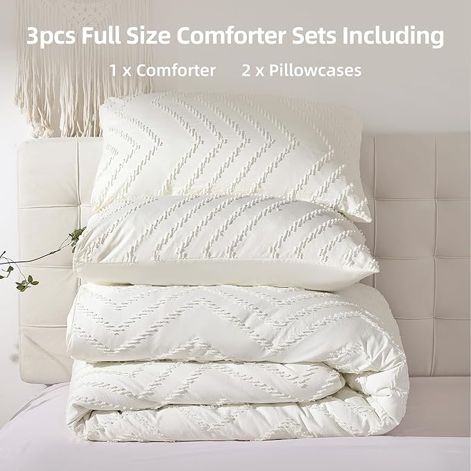 YIRDDEO Ivory White Full Comforter Set 3Pcs, Boho Full Size Bedding Set, Vertical Tufted Bed Set, Lightweight Neutral Bedroom Set (1 Comforter 2 Pillowcase)