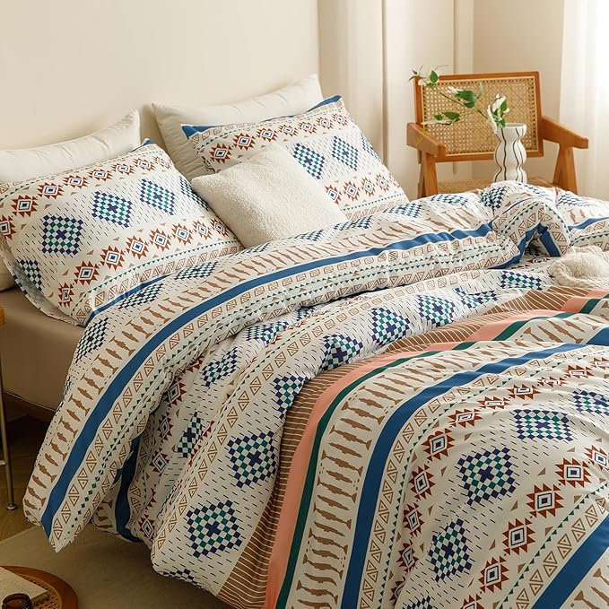 CLOTHKNOW Aztec Bohemian Queen Comforter Set 3Pcs Boho Bedding Comforter Sets White Blue Comforter American Tribal Navajo Queen Size Comforter Sets