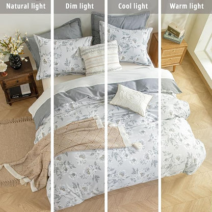 Floral Cotton Comforter Queen Size - Light Grey Comforter Printed with Vintage Ivory Flowers & Dark Yellow Stamens,Reversible Lightweight Bedding Sets 3Pcs(90"×90")