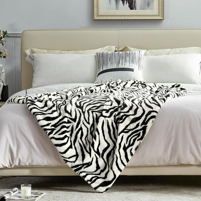 JONIYEAR Soft Fluffy Zebra Print Faux Rabbit Fur Blanket Twin Size 60" x 70", Oversized Luxury Cozy Shaggy Fuzzy Blankets, Reversible Cute Warm Animal Printed Blanket for Winter,Cream White and Black