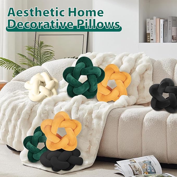 2 Piece Knot Pillows, Green Throw Pillows Knotted Star Cushion Decorative Plush Pillow for Bedroom Living Room, Emerald Green 14"