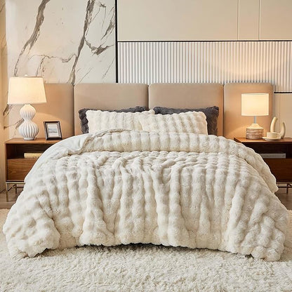 King Faux Rabbit Fur Comforter Set - 3 Pieces Fluffy Bedding Set Ultra Soft Warm Shaggy Winter Flannel Bed Set, Luxury Skin Friendly Sherpa Comforter Set & Pillow for Thanksgiving Beige Cream White
