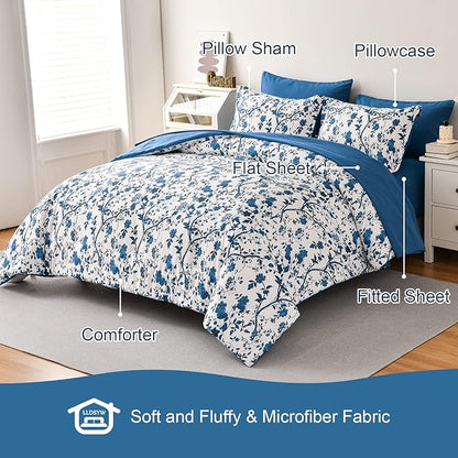 Comforter Set for Queen Bed -7 Pieces Bed in a Bag Soft Microfiber Bed Set Blue Leaves Floral Pattern on White Spring Queen Comforter Sets with Sheets for All Seasons (Queen, Blue)