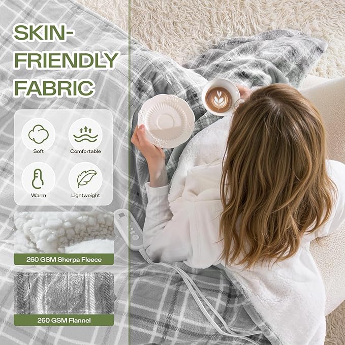 Electric Heated Blanket King Size, Dual Control Fast Heating Sherpa Blanket, 8 Heating Levels & 10 Hours Auto Off, Machine Washable with ETL & FCC Certified, Grey Plaid
