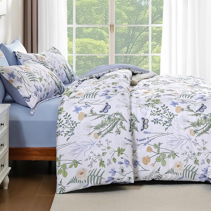 Yiran King Size Comforter Set, 7 Pieces Blue White Floral Soft Bedding Sets, King Bed in a Bag Botanical Flowers All Season Comforter, Sheets, Pillowcases & Shams