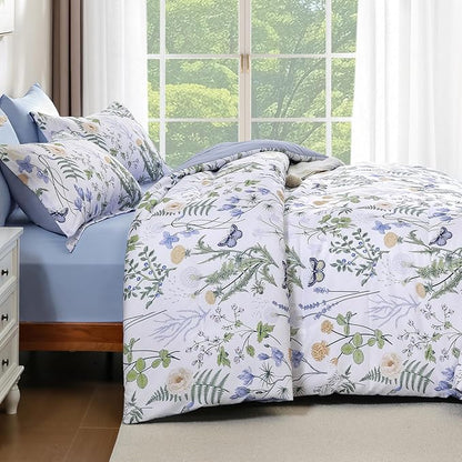 Yiran Queen Comforter Set, 7 Pieces Blue White Floral Soft Bedding Sets, Queen Bed in a Bag with Botanical Flowers All Season Comforter, Sheets, Pillowcases & Shams