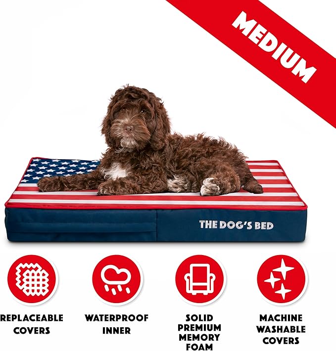 The Dog’s Bed Orthopedic Memory Foam Dog Bed Mattress, Oxford Fabric, Blue & Red Trim USA Center Flag, M, 4-Inch