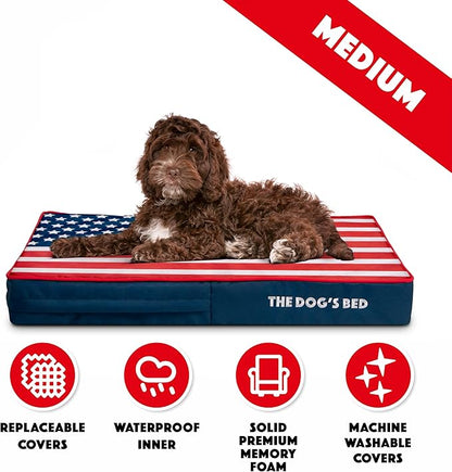 The Dog’s Bed Orthopedic Memory Foam Dog Bed Mattress, Oxford Fabric, Blue & Red Trim USA Center Flag, M, 4-Inch