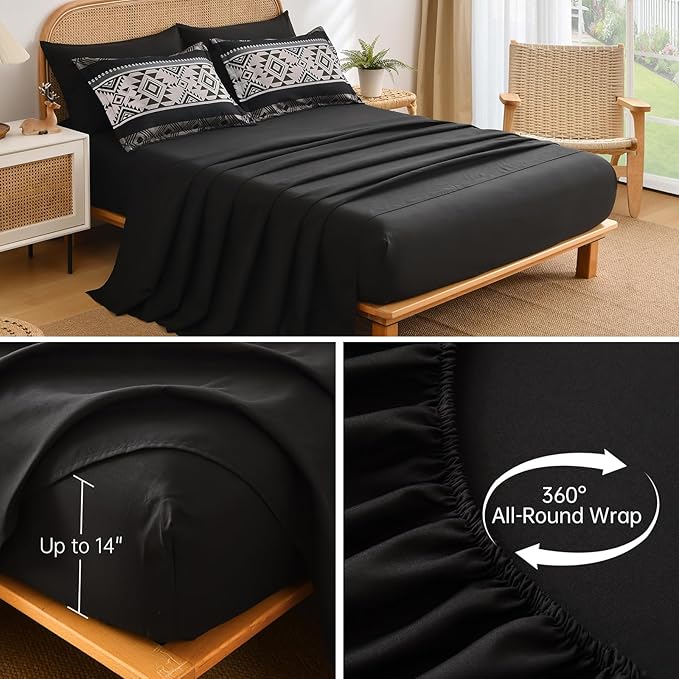 Anibedding Black King Size Comforter Set,7 Pieces Boho Striped Bed in a Bag Aztec Western Bedding Set, Soft Microfiber Farmhouse Bed Comforter Set for All Season