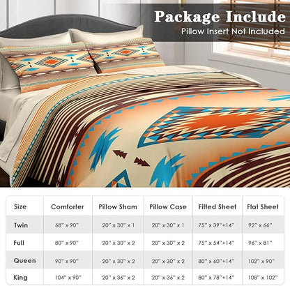 Comforter Set Queen Size, Southwest Western Geometric 7 Pcs Bedding for Kids and Adults, Mexico Stripe Turquoise Bed Sheet Sets with Fitted Sheet 2 Pillowcases & 2 Shams