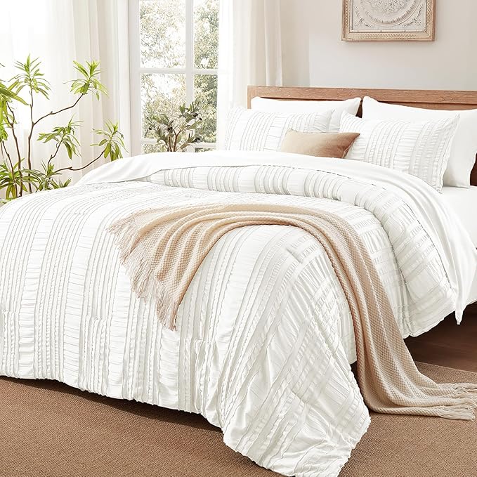 White Tufted Comforter Set King Size 7 Piece Bed in a Bag，Shabby Chic Boho Bedding for Bedroom Comforter，All Season Soft Microfiber Ruffle Comforter Set with Pillow and Sheets
