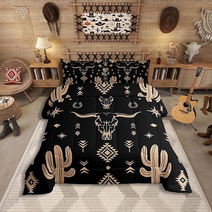 Erosebridal Boys Bull Skull Comforter Set King Size, Western Cowboy Bedding Set Vintage Southwestern Duvet Insert Bohemian Geometric Cactus Quilt Tribal Exotic Ethnic Bedroom Decor, Black Brown