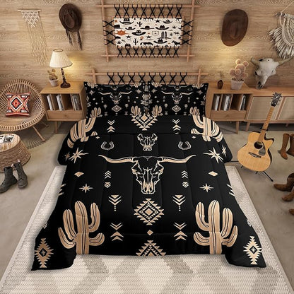 Erosebridal Boys Bull Skull Comforter Set King Size, Western Cowboy Bedding Set Vintage Southwestern Duvet Insert Bohemian Geometric Cactus Quilt Tribal Exotic Ethnic Bedroom Decor, Black Brown