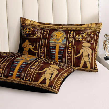Ancient Egypt Comforter Set Black Gold Bedding Set Pharaoh Tribal Retro Comforter Egypt Cultural Theme Bedroom Decor Boho Exotic Vintage Bedding King Bed in A Bag