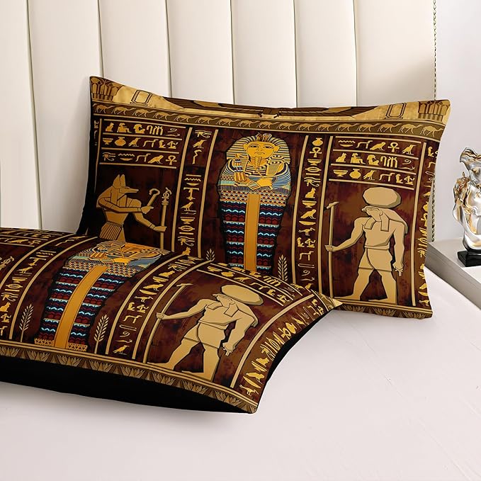 Ancient Egypt Comforter Set Black Gold Bedding Set Pharaoh Tribal Retro Comforter Egypt Cultural Theme Bedroom Decor Boho Exotic Vintage Bedding Queen Bed in A Bag