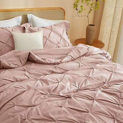 104x90 Ruffled Comforter Set with 2x20x36 Pillowcases Cozy Warm Bedding Set for Room Decor Blush Pink Breathable Quilted Comforter Set for Family, King Size
