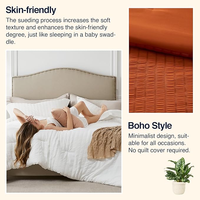 Terracotta Queen Comforter Set - 3 Pieces Seersucker Lightweight Bedding Comforter Sets (1 Soft Fluffy Comforter & 2 Pillowcases) - All Seasons Cozy Modern Bed Sets for Women Men