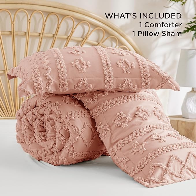 Bedsure Tufted Boho Comforter Set Twin Size - Light Pink Boho Bed Set, GentleSoft™ 2 Pieces Farmhouse Shabby Chic Embroidery Bedding, Gifts for Woman, Soft Jacquard Twin Comforter for All Seasons