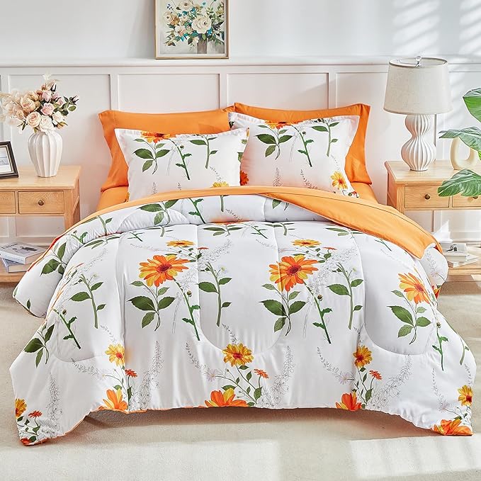Joyreap 6 Piece Bed in a Bag Twin, Floral Comforter Sheet Set, Orange n Yellow Flowers on White Design, All Season Microfiber Bedding Comforter Set
