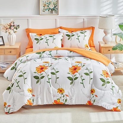 Joyreap 7 Piece Bed in a Bag Queen, Floral Comforter Sheet Set, Orange n Yellow Flowers on White Design, All Season Microfiber Bedding Comforter Set