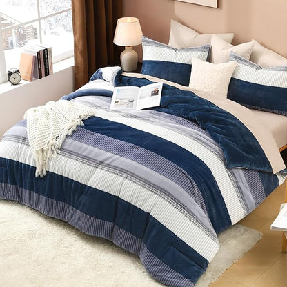 Litanika Fluffy Fleece Queen Comforter Set, Luxury Soft Plush Fuzzy Mineral Blue Stripe Bedding Comforter Sets, Warm Shaggy Faux Fur Bed Set All Season (1 Comforter, 2 Pillowcases)