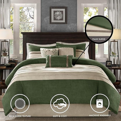 Madison Park Palmer Comforter Set-Luxury Faux Suede Design, Striped Accent, All Season Down Alternative Bedding, Matching Shams, Decorative Pillow, Bed Skirt, King (104 in x 92 in), Green 7 Piece