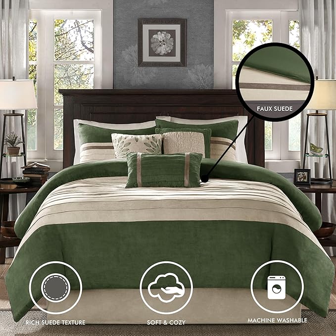 Madison Park Palmer Comforter Set-Luxury Faux Suede Design, Striped Accent, All Season Down Alternative Bedding, Matching Shams, Decorative Pillow, Bed Skirt, Queen (90 in x 90 in), Green 7 Piece