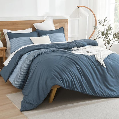 Litanika Comforter Set, Lightweight Colorblock Stripes Bedding Comforter Set, Fluffy Down Alternative Bed Set, Haze Blue, Full