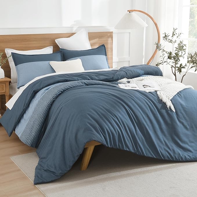 Litanika Haze Blue Comforter Set Super King - 3 Pieces Lightweight Dark Grey Colorblock Stripe Fluffy Bedding Comforter Sets, All Season Bed Set
