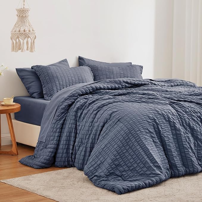 Love's cabin Seersucker Navy Blue Twin XL Comforter Set, 5-Piece All Season Lightweight Bed in a Bag Bedding Set with Comforter, Flat Sheet, Fitted Sheet, Pillowcase and Sham | Soft, Breathable, Lightweight